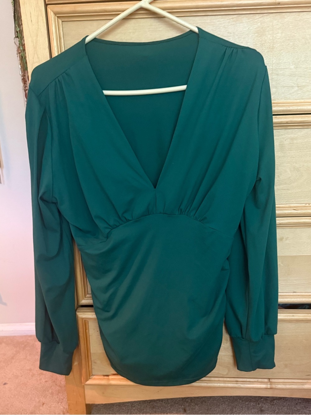 Deep Green V-Neck Long Sleeve Women's Top